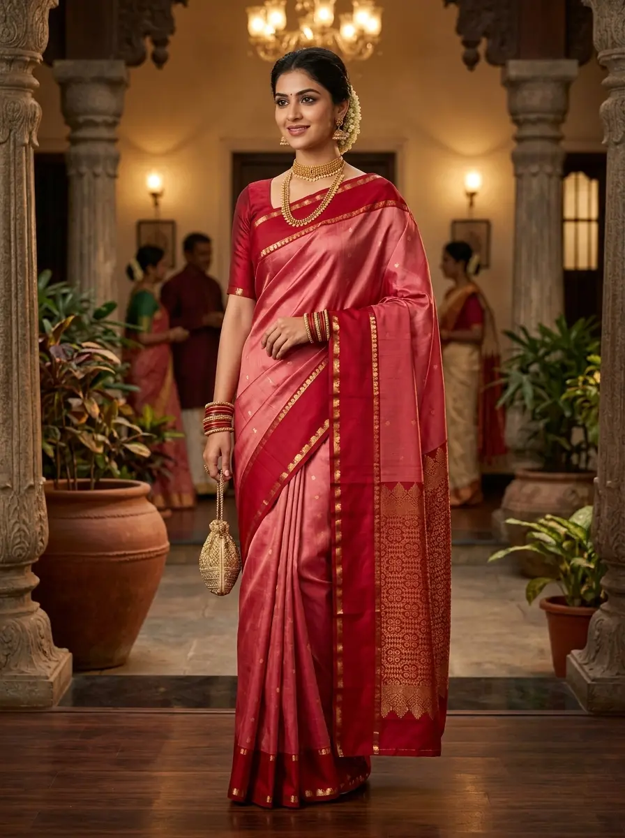 Red & Pink Dual-Tone Kanjivaram Silk Saree